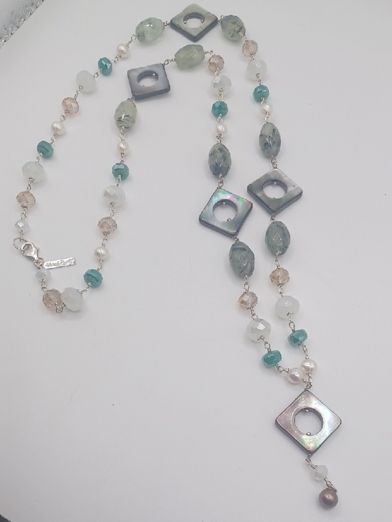 Vantel Pearls Jewelry - Vantel Pearls Prehnite, Abalone, Pearl, And Glass Crystal Station Necklace